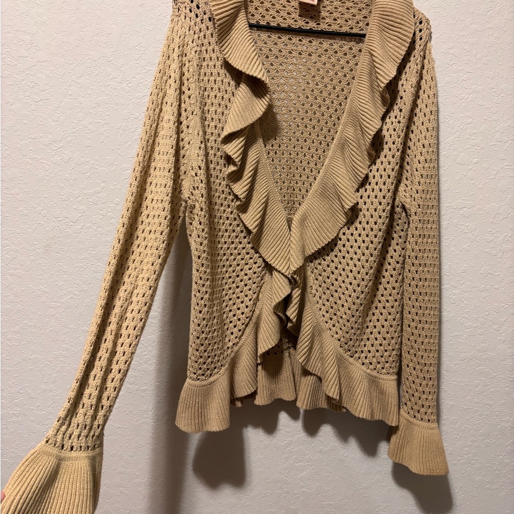 Vtg Pointelle Knit Cardigan XL Tan Ruffle Bell Sleeve Coquette Coastal Boho Doll - Picture 3 of 16